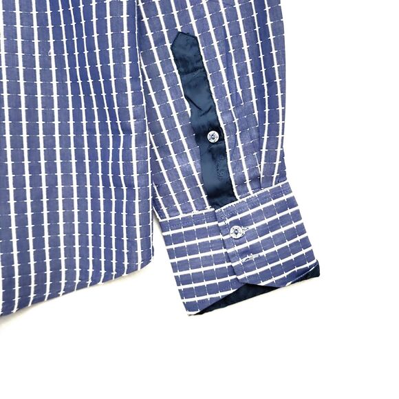 Rock Roll N Soul Shirt Men Large Blue White Button Flip Cuff Embroidered Striped - Picture 9 of 11